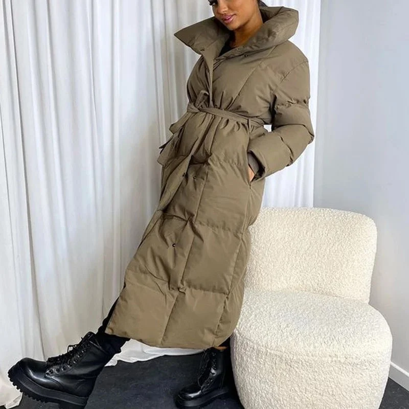 Thick Loose Parkas Elegant Tie Belt Long Jacket