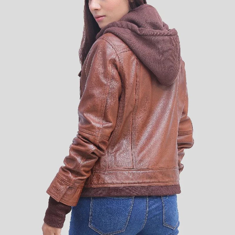 Women's Tan Leather Jacket With Detachable Hood