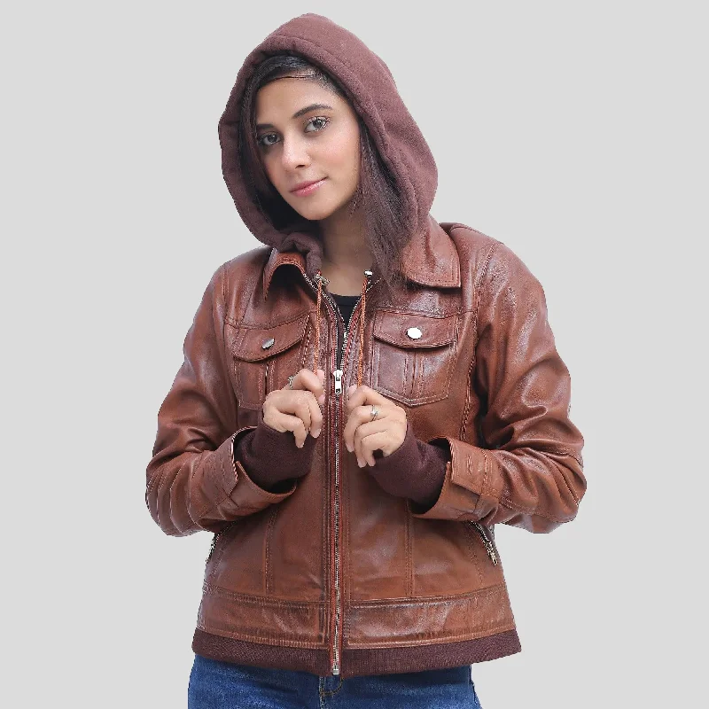 Women's Tan Leather Jacket With Detachable Hood