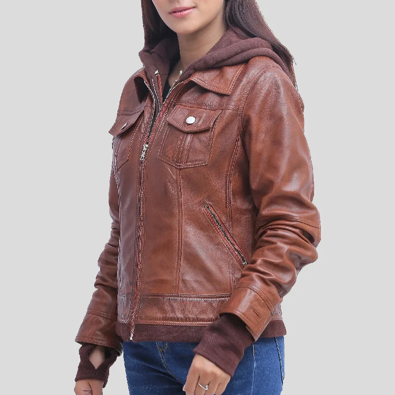 Women's Tan Leather Jacket With Detachable Hood