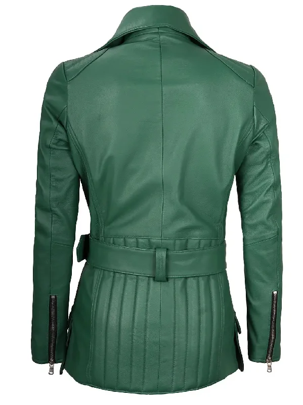 Victoria Green Asymmetrical Leather Biker Jacket Women