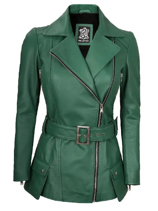 Victoria Green Asymmetrical Leather Biker Jacket Women