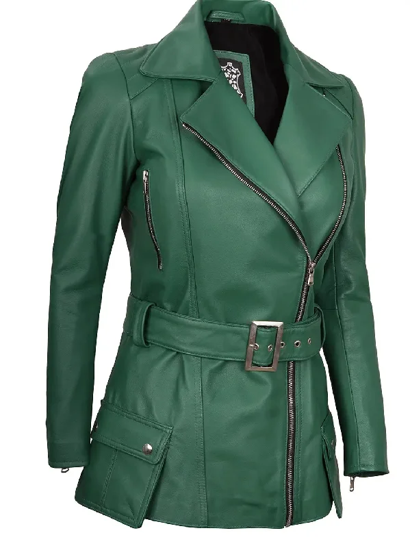 Victoria Green Asymmetrical Leather Biker Jacket Women