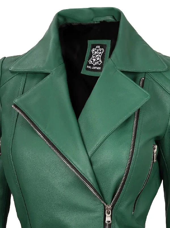 Victoria Green Asymmetrical Leather Biker Jacket Women