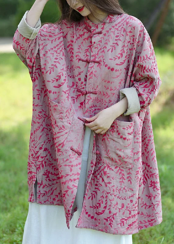 Vintage Pink Batwing Sleeve Oriental Button Pockets Print Cotton Coat