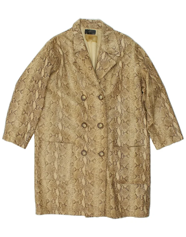 VINTAGE Womens Double Breasted Coat UK 16 Large Beige Animal Print