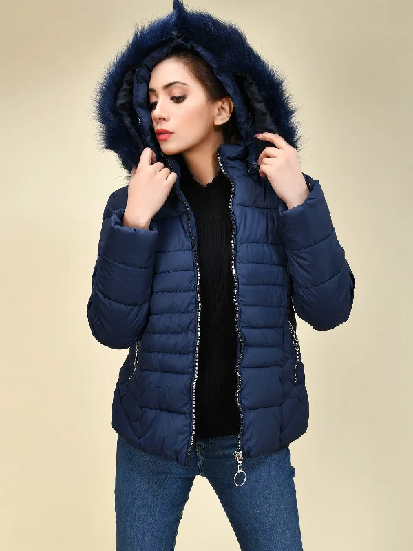 Faux Fur Puffer Jacket - Blue