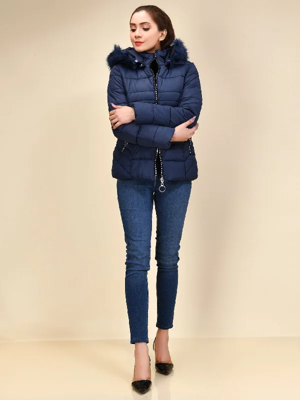 Faux Fur Puffer Jacket - Blue