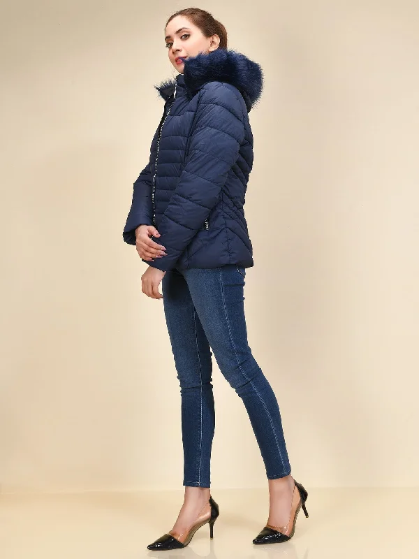 Faux Fur Puffer Jacket - Blue