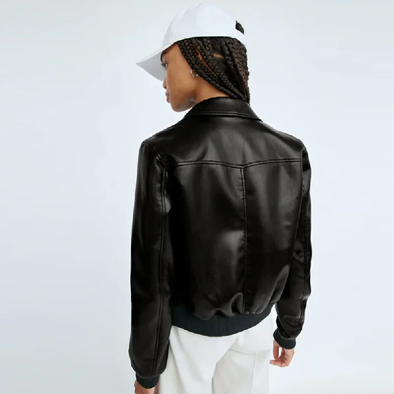 Women Aviator Sheepskin Shearling Black Leather Bomber Jacket