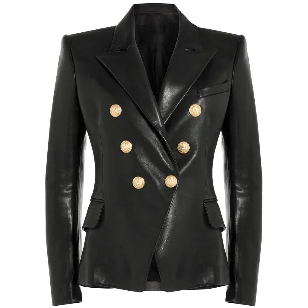 Women Black Leather Blazer with Golden Button