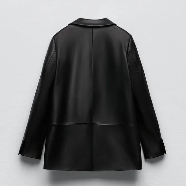 Women Black Oversized Leather Coat Blazer