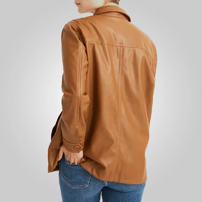 Women Brown Leather Shirt Jacket