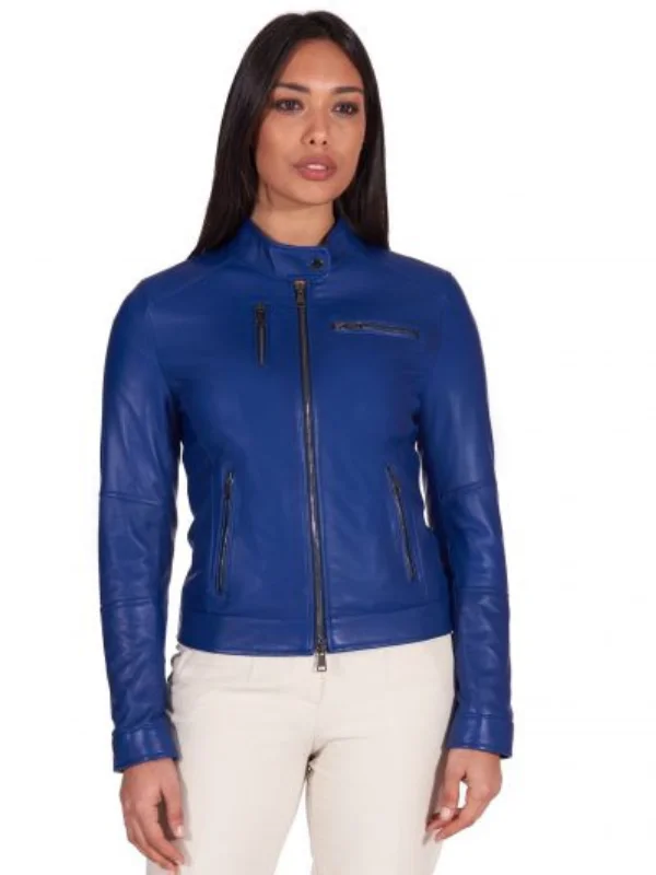 Women Navy Blue Leather Biker Jacket