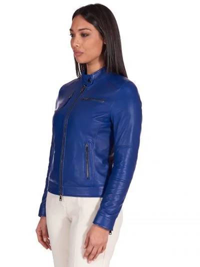 Women Navy Blue Leather Biker Jacket