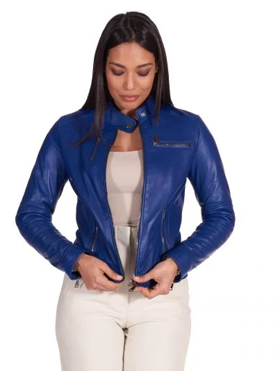 Women Navy Blue Leather Biker Jacket