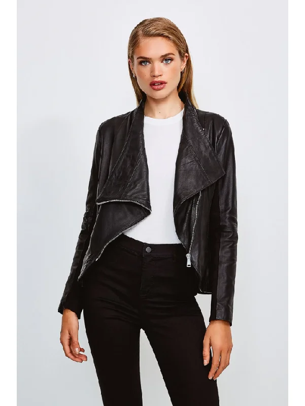 Women’s Black Leather Jacket Cotton Back