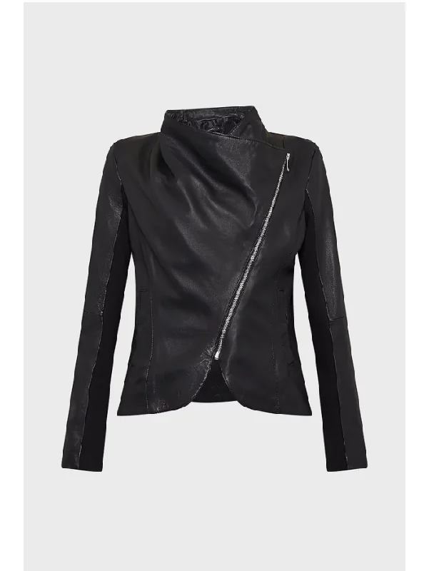 Women’s Black Leather Jacket Cotton Back