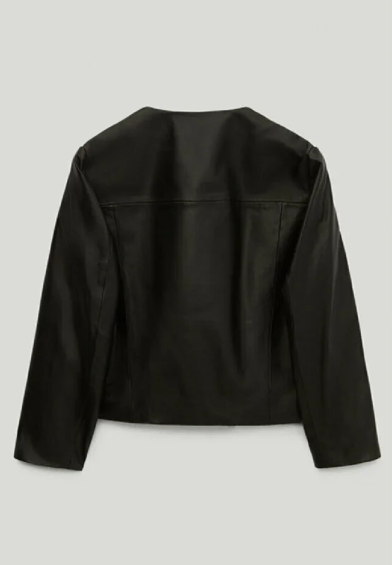 Women’s Black Leather Jacket Crew Neck