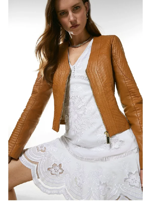 Women’s Tan Brown Leather Jacket V Neck