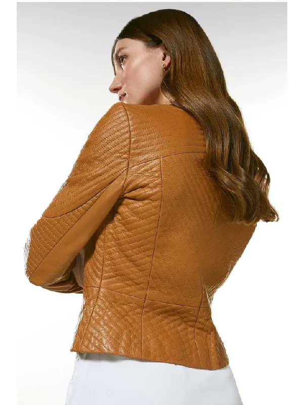 Women’s Tan Brown Leather Jacket V Neck