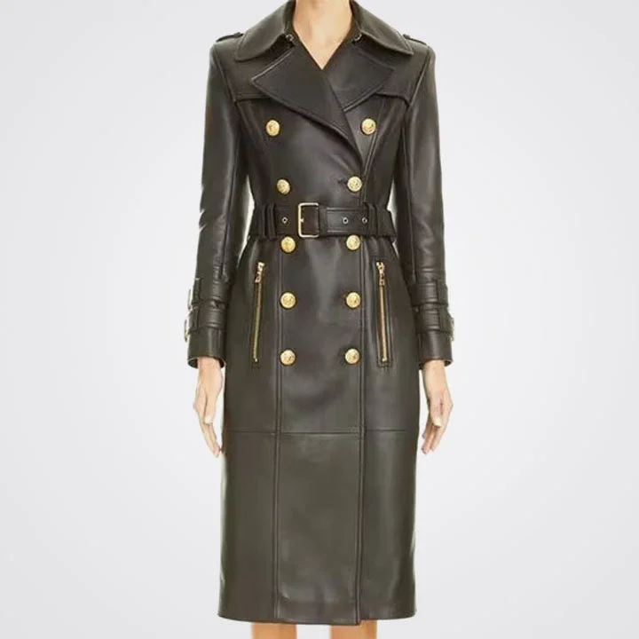 Women's Black Double Breasted Leather Trench Coat with Golden Button