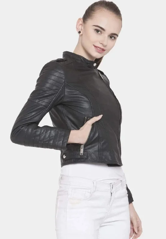 Women's Black Leather Biker Jacket Slim Fit