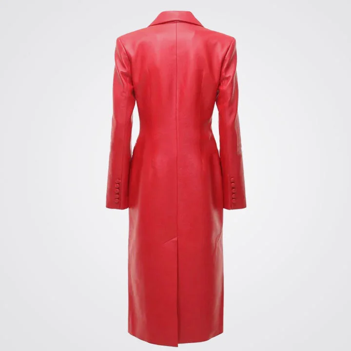 Women's Button-up Red Leather Trench Long Coat