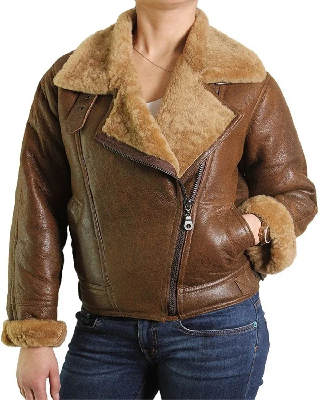 Womens Fur Shearling Bomber Aviator Leather Jacket