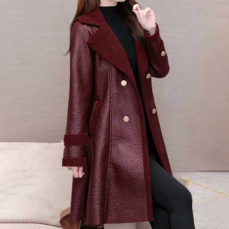 Women's Genuine Sheepskin Sherpa Shearling Faux Fur Lined Korean Style Belted Leather Coat - Wine Red, Mid-Length, Slim Fit, Elegant