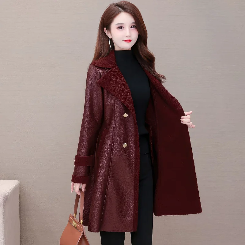 Women's Genuine Sheepskin Sherpa Shearling Faux Fur Lined Korean Style Belted Leather Coat - Wine Red, Mid-Length, Slim Fit, Elegant