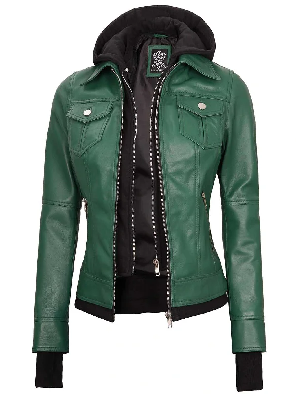 Womens Biker Green Leather Jacket with Hood