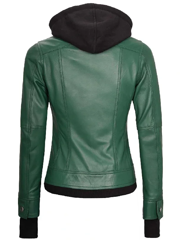 Womens Biker Green Leather Jacket with Hood