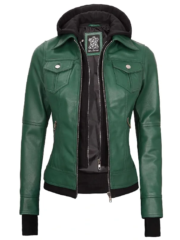 Womens Biker Green Leather Jacket with Hood