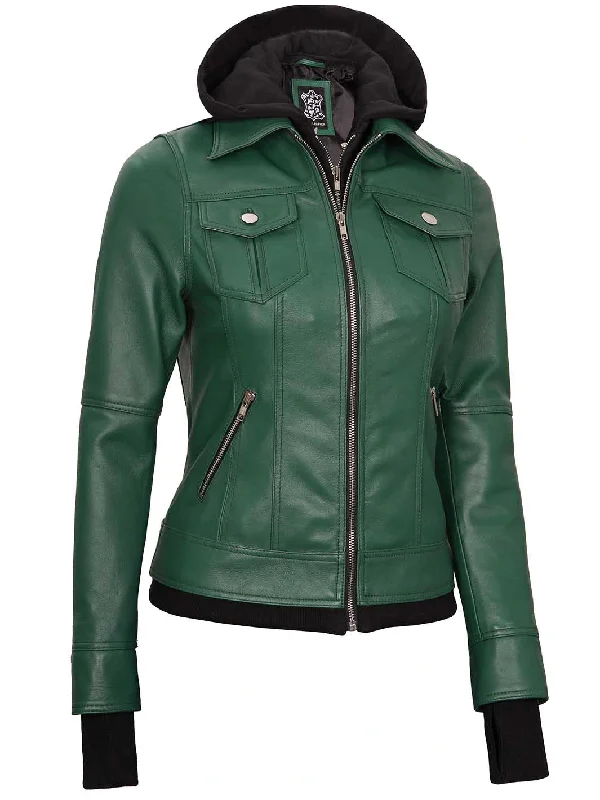 Womens Biker Green Leather Jacket with Hood