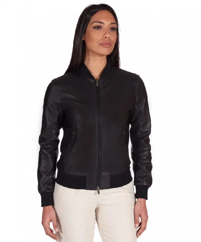 Womens Mate Black Bomber Leather Jacket