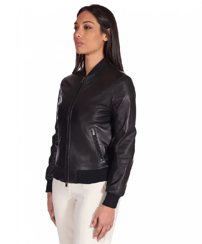 Womens Mate Black Bomber Leather Jacket