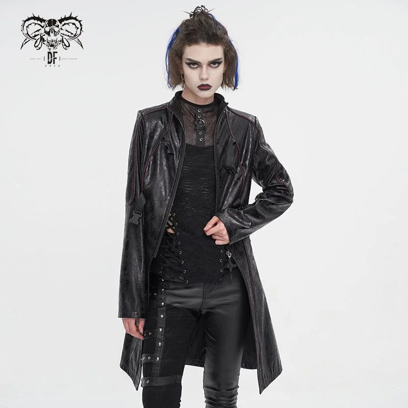 Women's Punk Double-buckle Faux Leather Coat Black