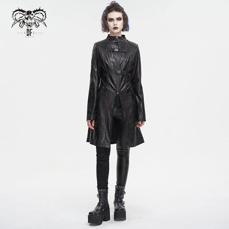 Women's Punk Double-buckle Faux Leather Coat Black