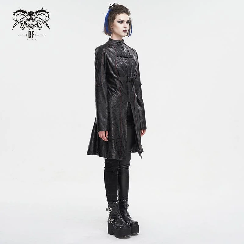 Women's Punk Double-buckle Faux Leather Coat Black