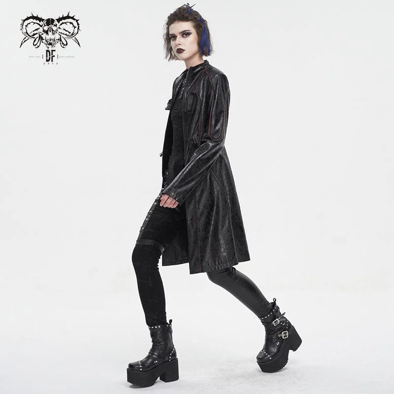 Women's Punk Double-buckle Faux Leather Coat Black