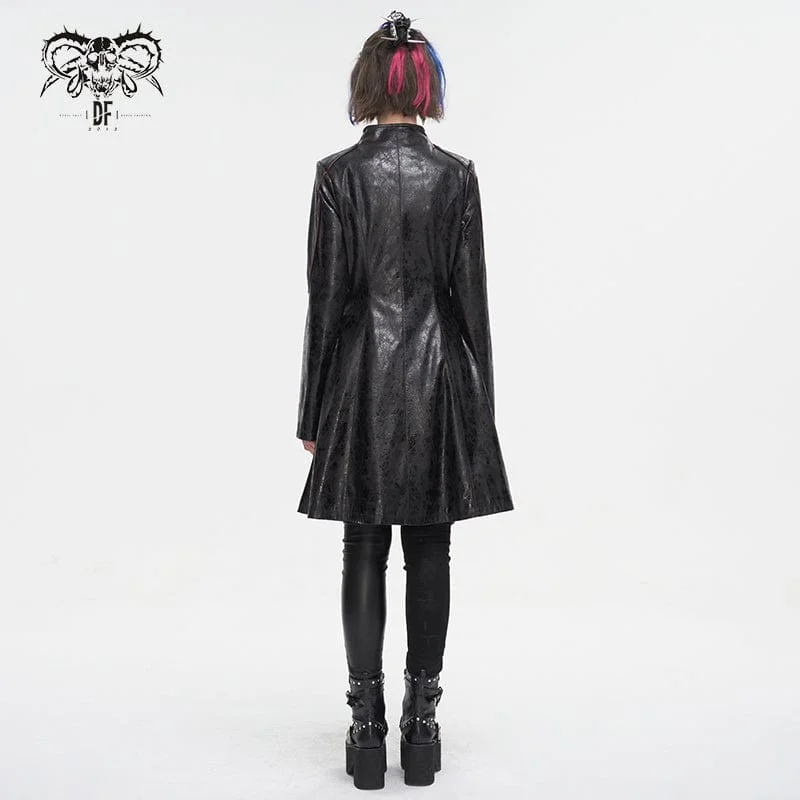 Women's Punk Double-buckle Faux Leather Coat Black