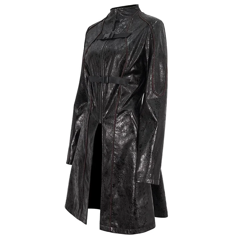 Women's Punk Double-buckle Faux Leather Coat Black