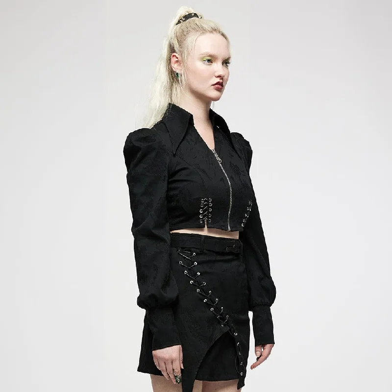 Women's Punk Front Zip Puff Sleeved Jacquard Short Jacket