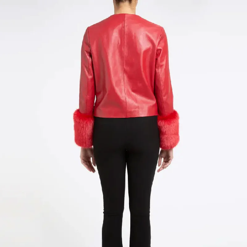 Women's Red Sheepskin Leather biker jacket with Faux Fur