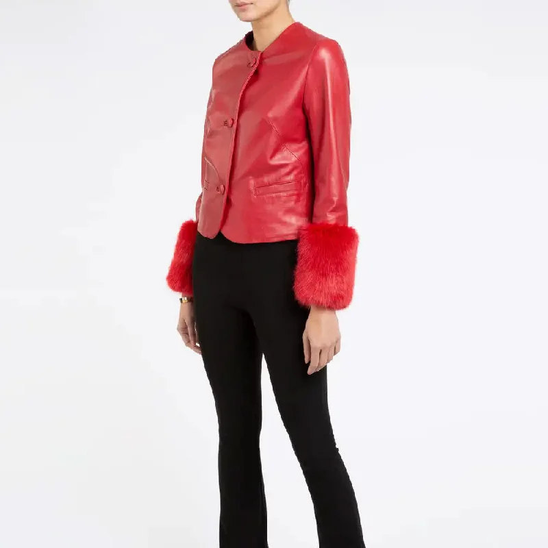 Women's Red Sheepskin Leather biker jacket with Faux Fur