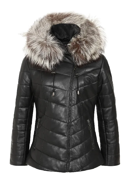 Women's Warm Quilted Genuine Black Leather Coat With Fur Hood - 'AMBER-AKTUS'