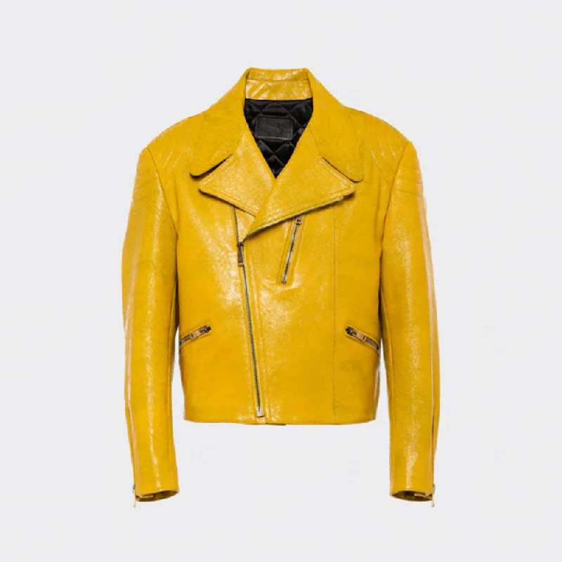 yellow women's cowhide leather biker jacket