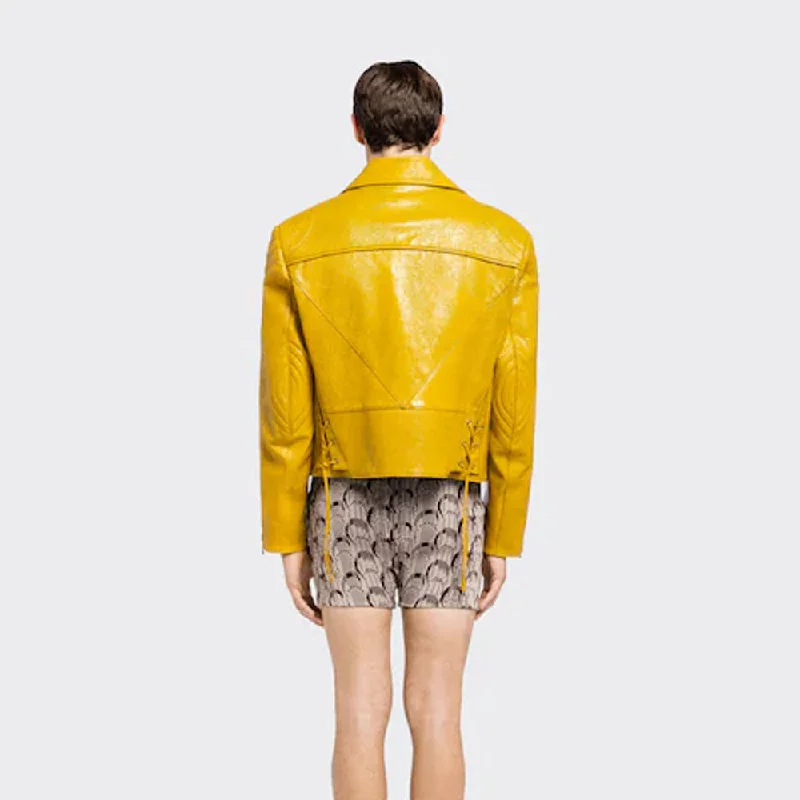 yellow women's cowhide leather biker jacket