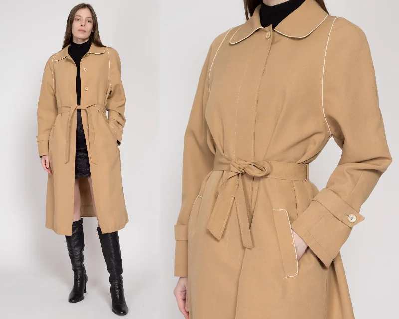 Large 80s Tan Piped Trim Belted Trench Coat